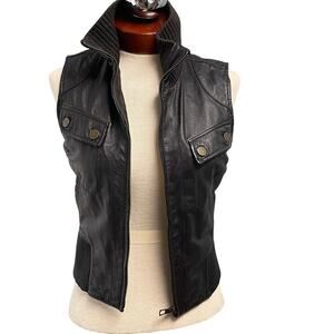 June Black Leather Moto Vest Size XS Womens Full Zip Ribbed